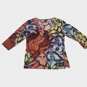 Valentina Abstract Colorful Top Rhinestones Stretchy Artsy 3/4 Sleeves Small